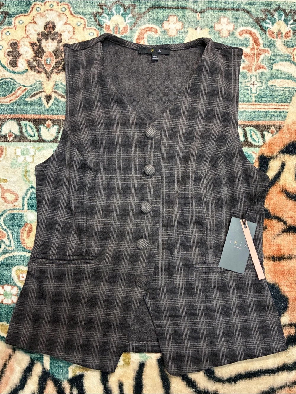 iris Gray Plaid Button Vest